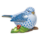 Blue fishnet Little Bird on Holly Figurine figurine, hand-painted Herend porcelain with 24k gold accents