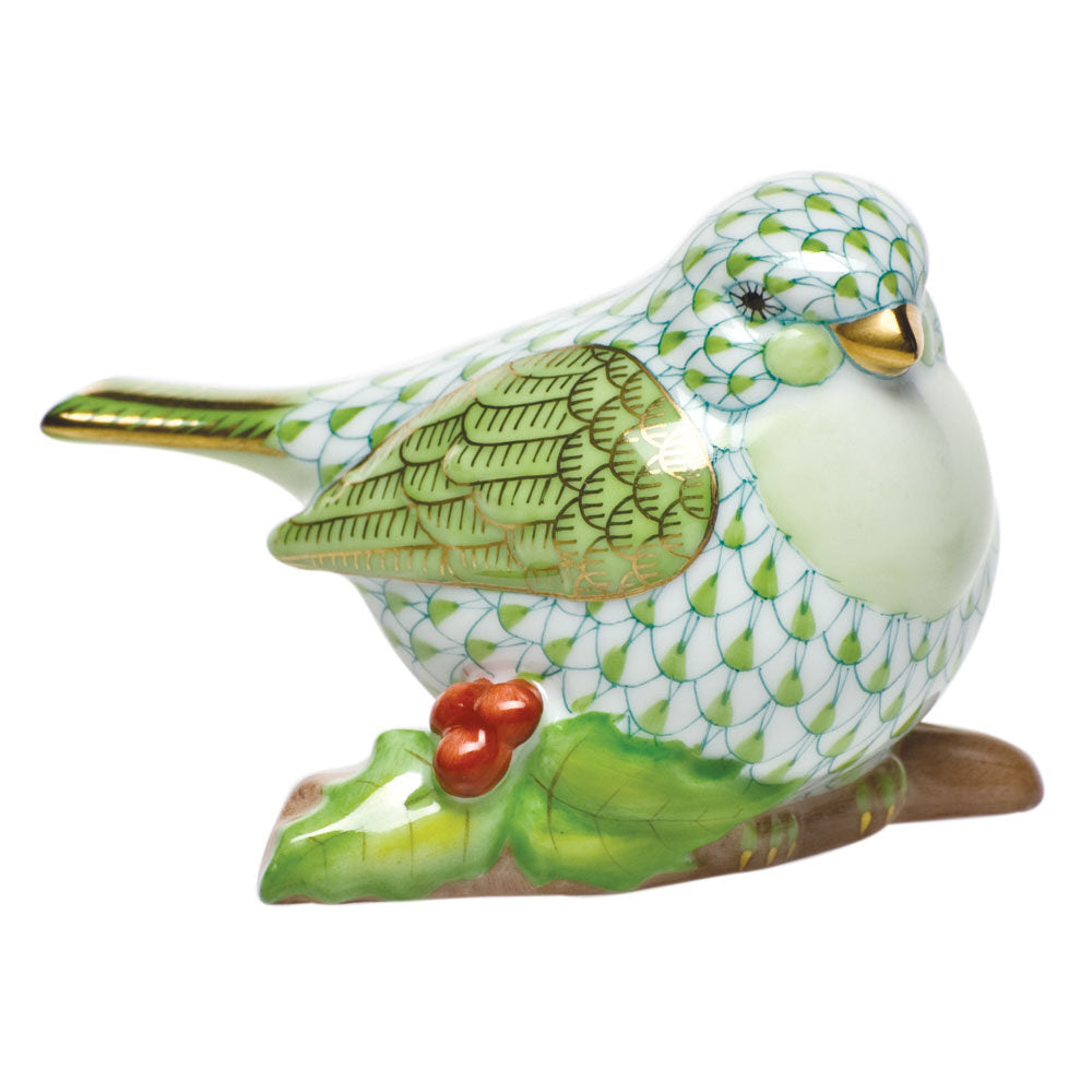 Little Bird on Holly Figurine in hand-painted Key Lime porcelain by Herend of Hungary