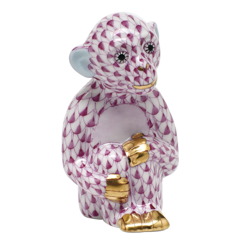 Herend Little Monkey Figurine porcelain figurine painted in the Raspberry fishnet pattern