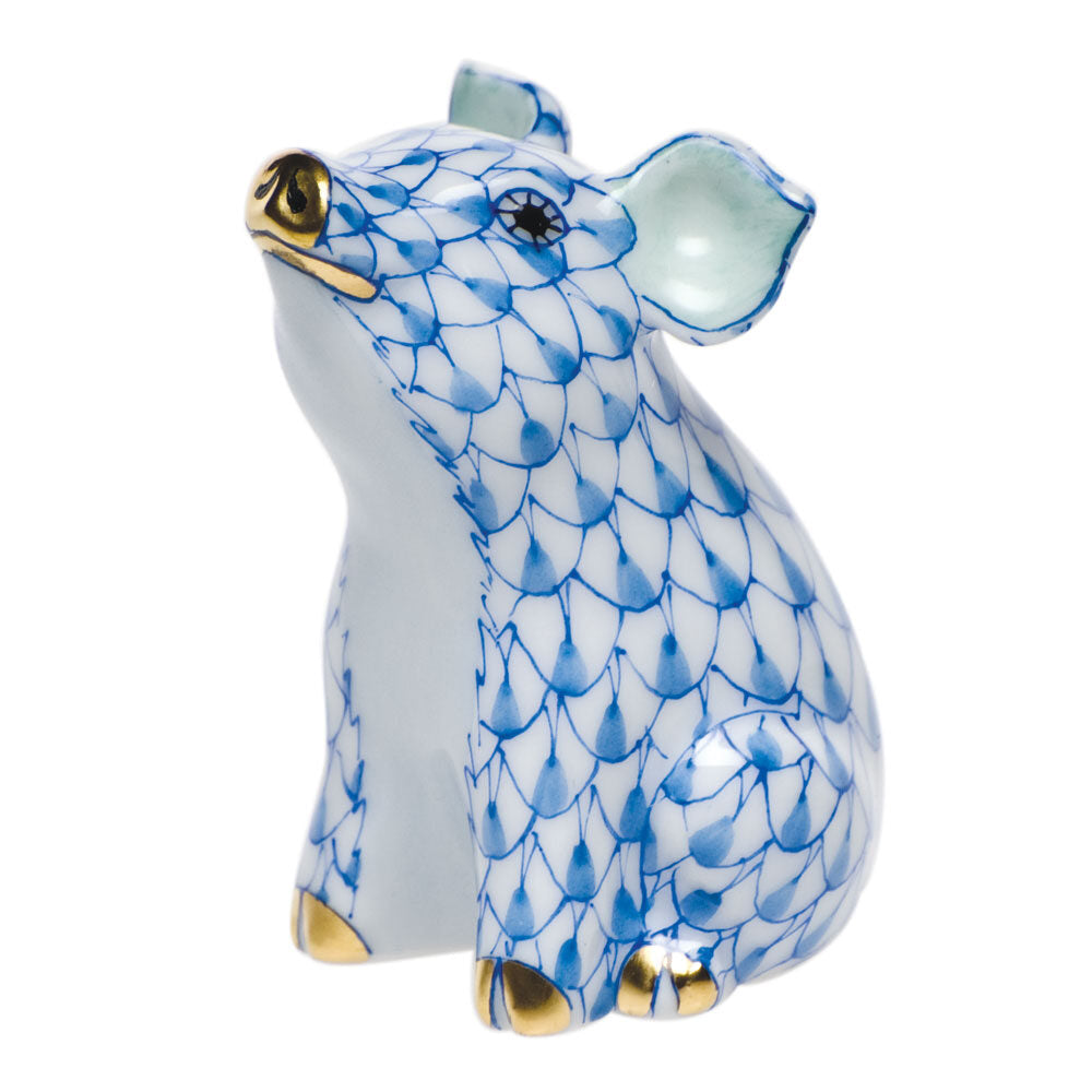 Herend Little Pig Sitting Figurine porcelain figurine painted in the Blue fishnet pattern
