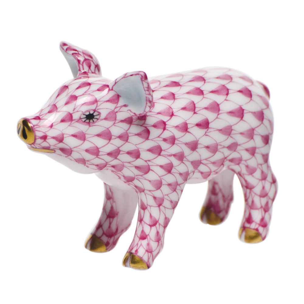 Herend Little Pig Standing Figurine porcelain figurine painted in the Raspberry fishnet pattern