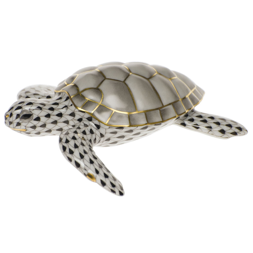 Black fishnet Loggerhead Turtle Figurine figurine, hand-painted Herend porcelain with 24k gold accents