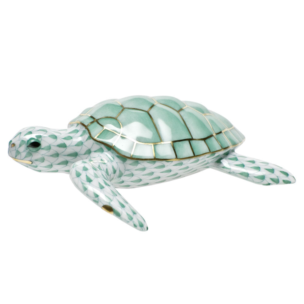 Green fishnet Loggerhead Turtle Figurine figurine, hand-painted Herend porcelain with 24k gold accents