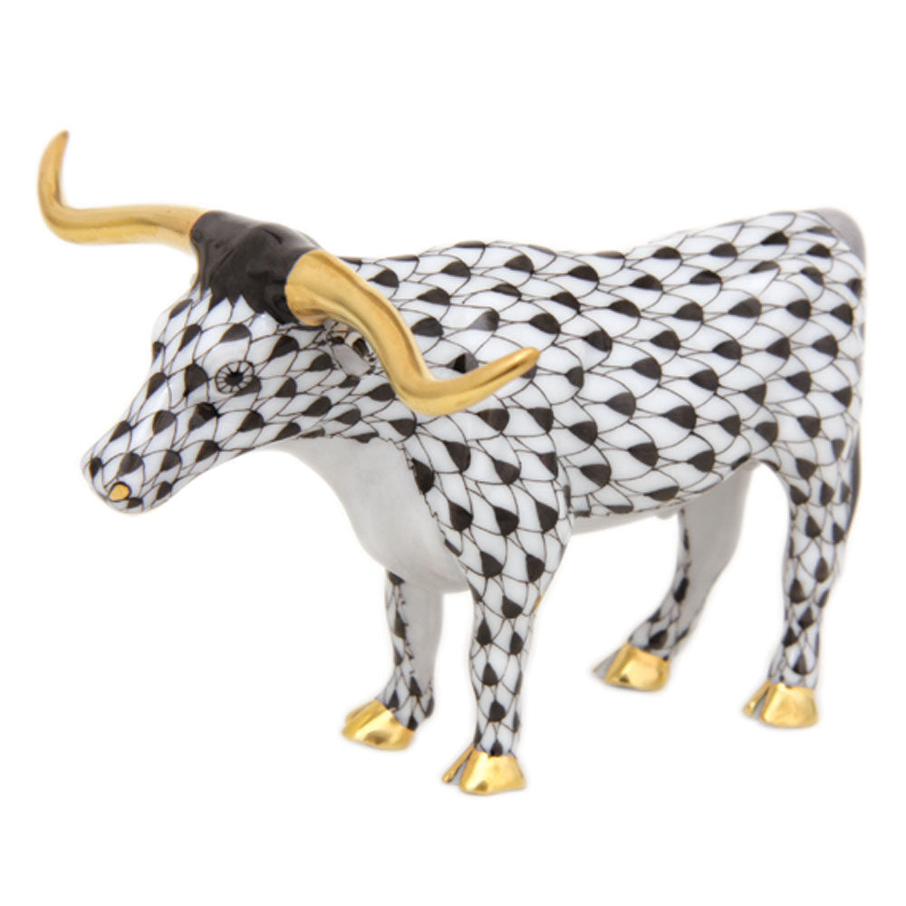 Hand-painted Herend Longhorn Figurine in Black fishnet porcelain on a white background