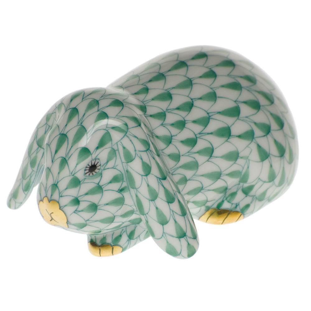 Hand-painted Herend Lop Ear Bunny Figurine in Green fishnet porcelain on a white background