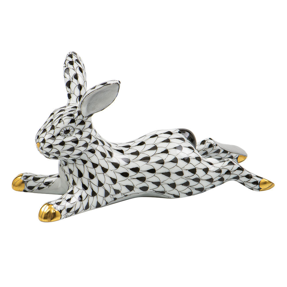 Lounging Bunny Figurine in hand-painted Black porcelain by Herend of Hungary