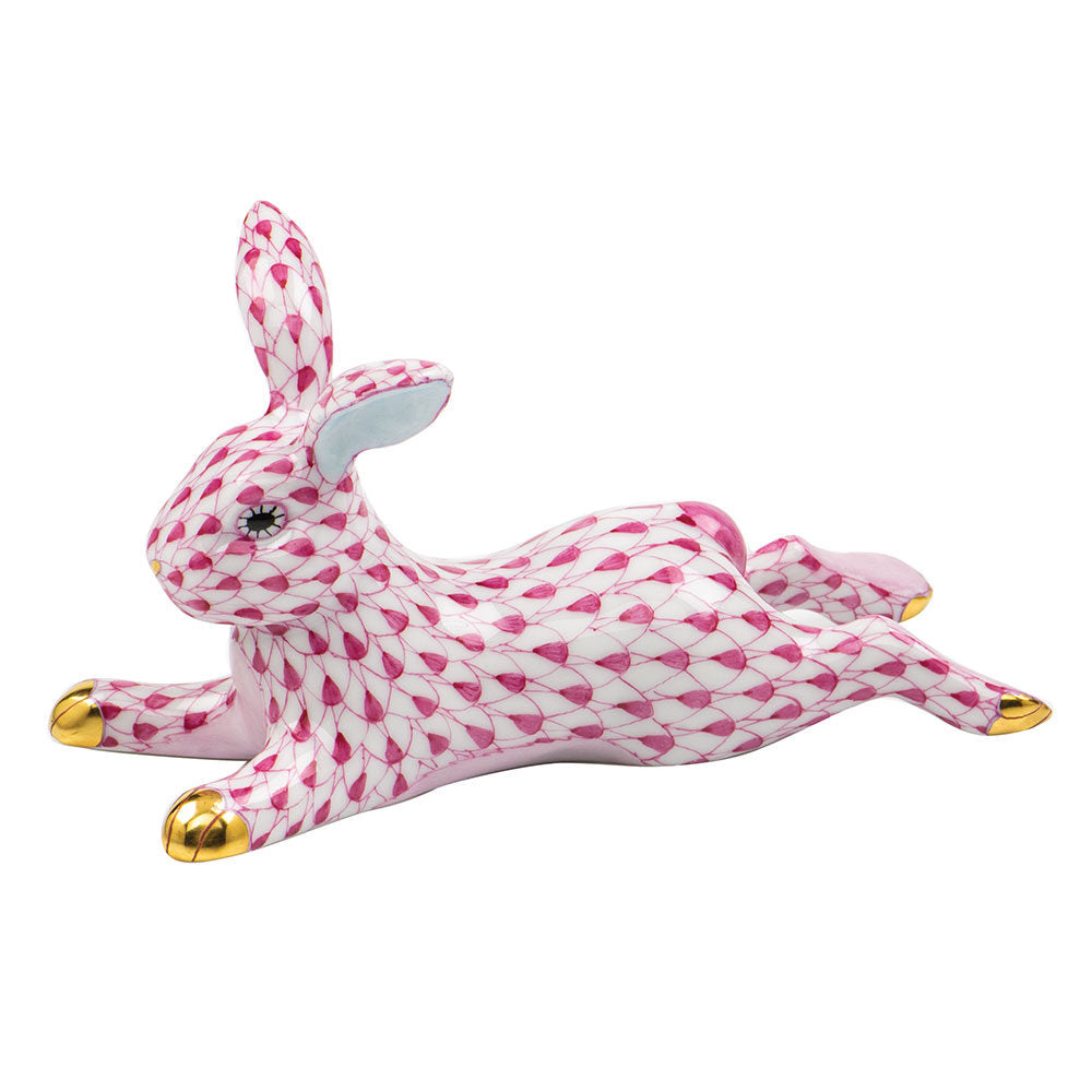 Raspberry fishnet Lounging Bunny Figurine figurine, hand-painted Herend porcelain with 24k gold accents