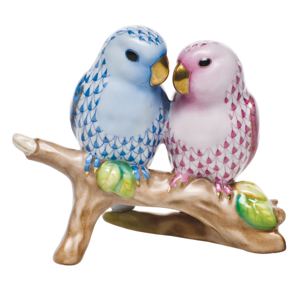 Love Birds on Branch Figurine in hand-painted Blue-Raspberry porcelain by Herend of Hungary