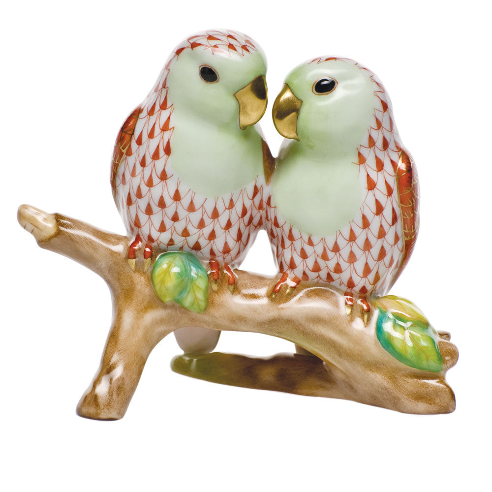 Love Birds on Branch Figurine in hand-painted Rust porcelain by Herend of Hungary