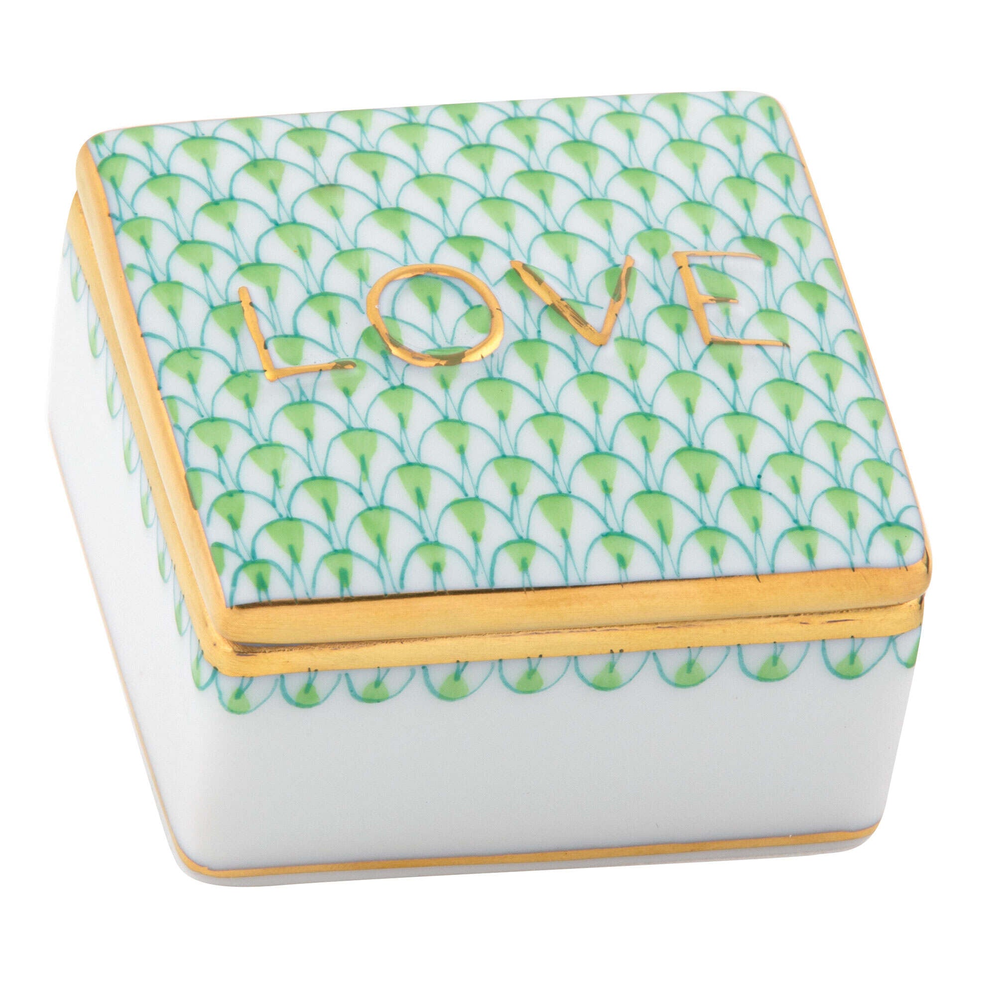 Hand-painted Herend Love Box in Key Lime fishnet porcelain on a white background