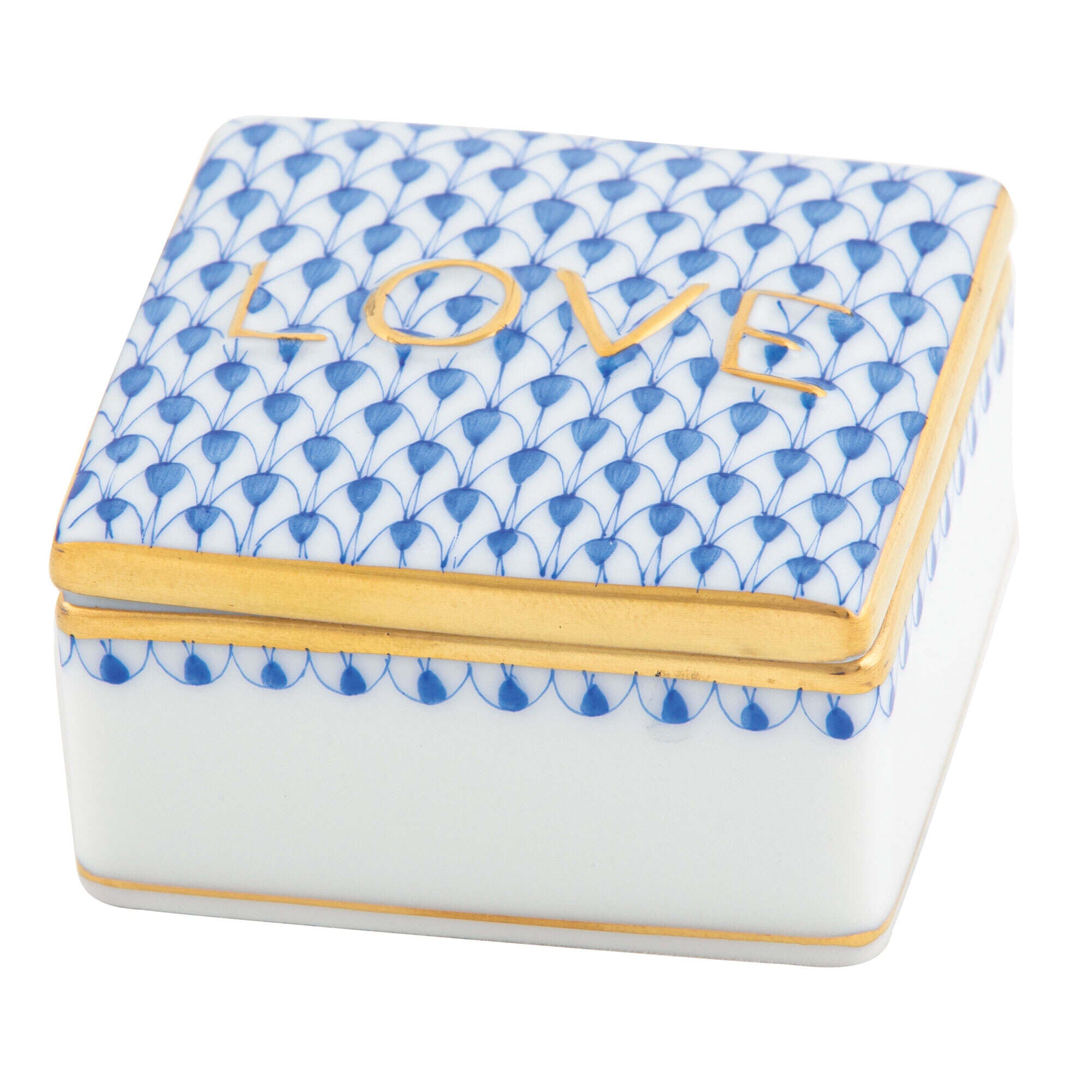 Hand-painted Herend Love Box in Sapphire fishnet porcelain on a white background