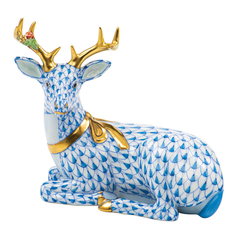 Herend Lying Christmas Deer Figurine porcelain figurine painted in the Blue fishnet pattern