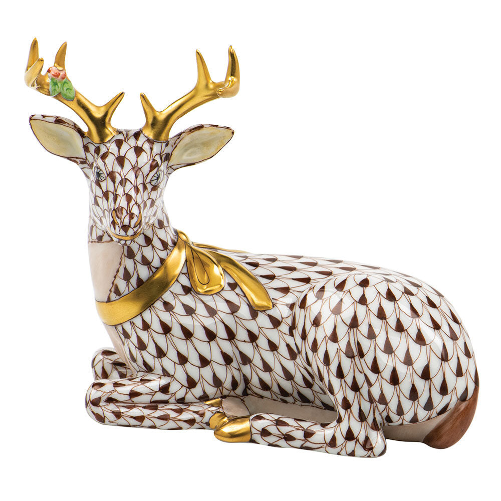 Lying Christmas Deer Figurine in hand-painted Chocolate porcelain by Herend of Hungary