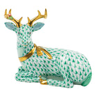 Lying Christmas Deer Figurine in hand-painted Green porcelain by Herend of Hungary