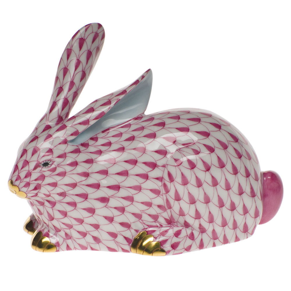 Raspberry fishnet Lying Rabbit Figurine figurine, hand-painted Herend porcelain with 24k gold accents