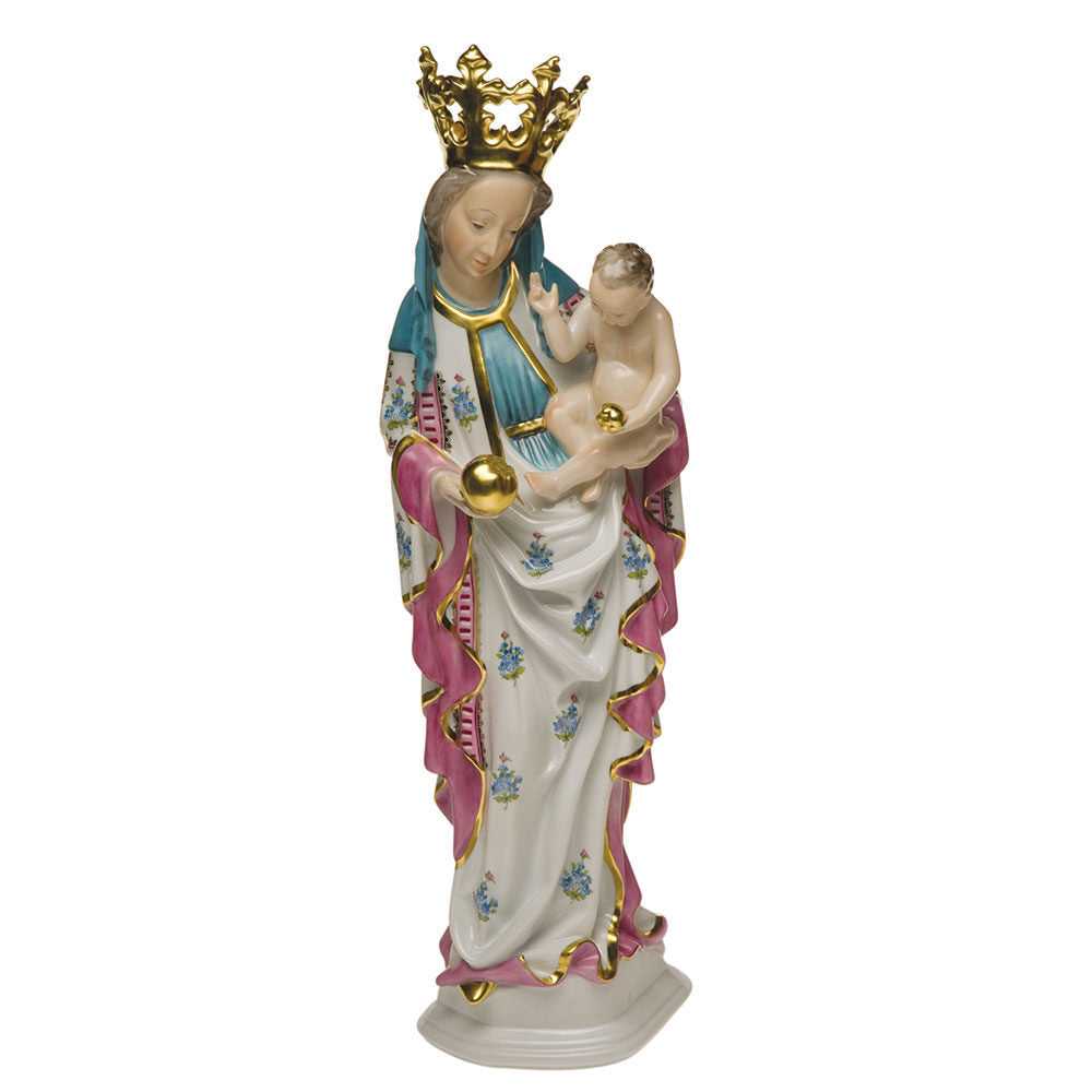 Hand-painted Herend Madonna and Child Figurine in fine porcelain, 5in W X 22in H, on a white background