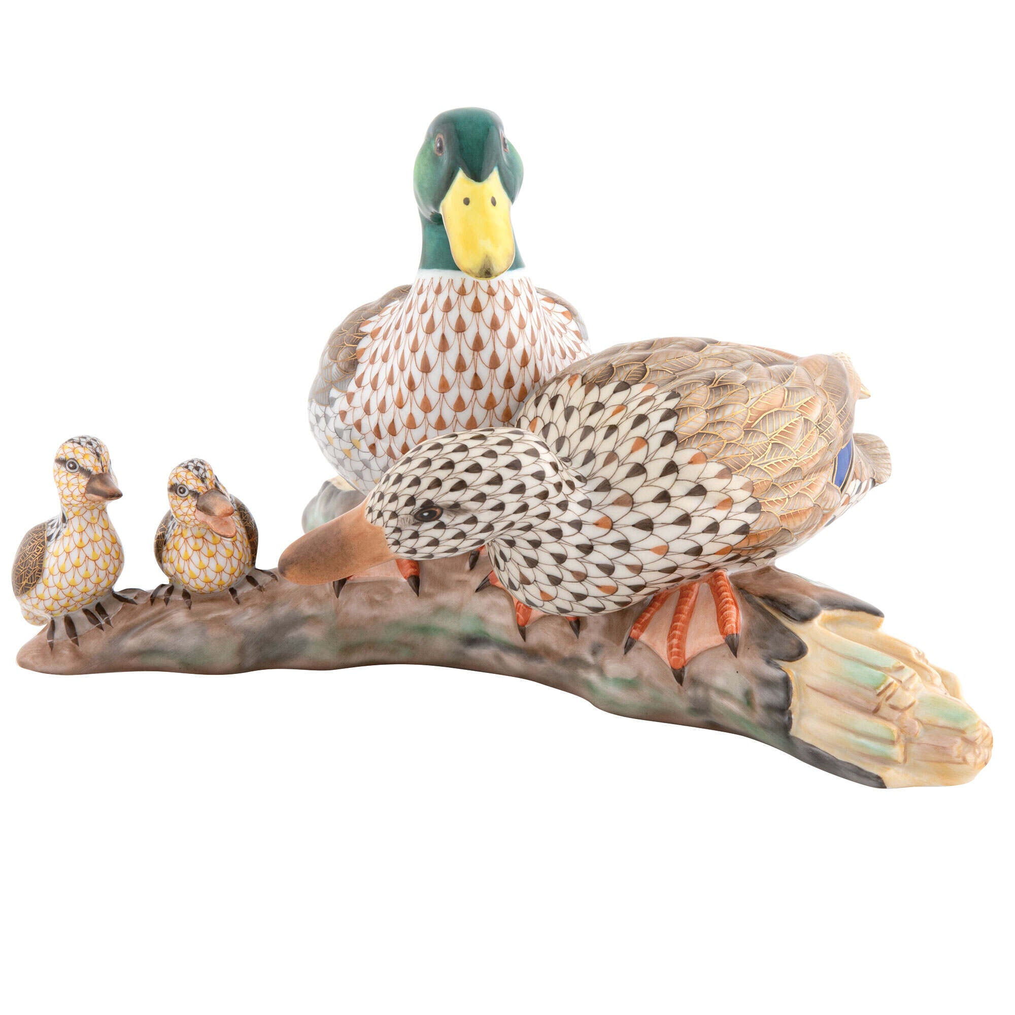 Hand-painted Herend Mallard Duck Family Figurine in fine porcelain, 11.25in L X 8.75in W X 5.75, on a white background