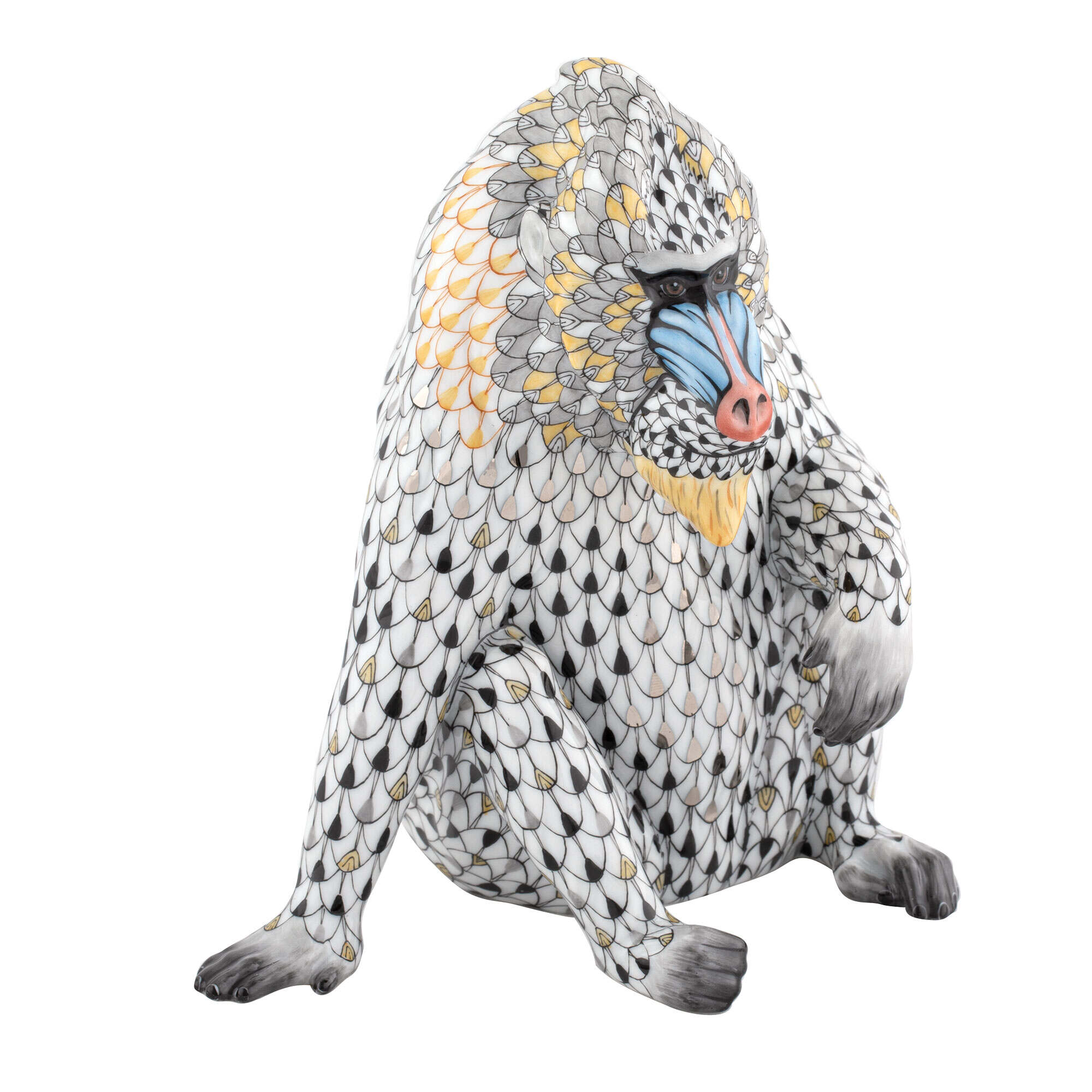 Hand-painted Herend Mandrill Figurine in fine porcelain, 5in L X 4.25in W X 5.75in H, on a white background