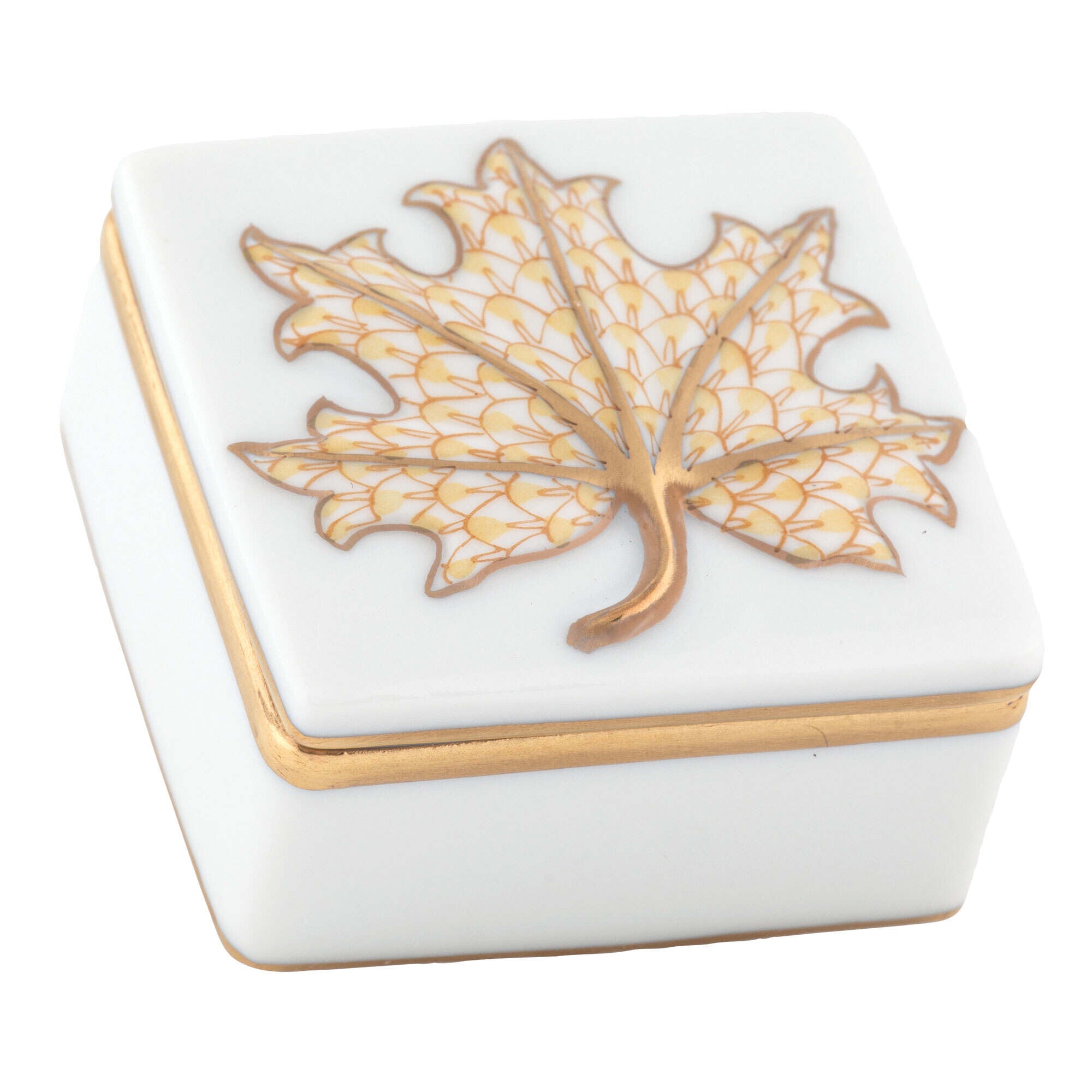 Butterscotch fishnet Maple Leaf Box figurine, hand-painted Herend porcelain with 24k gold accents
