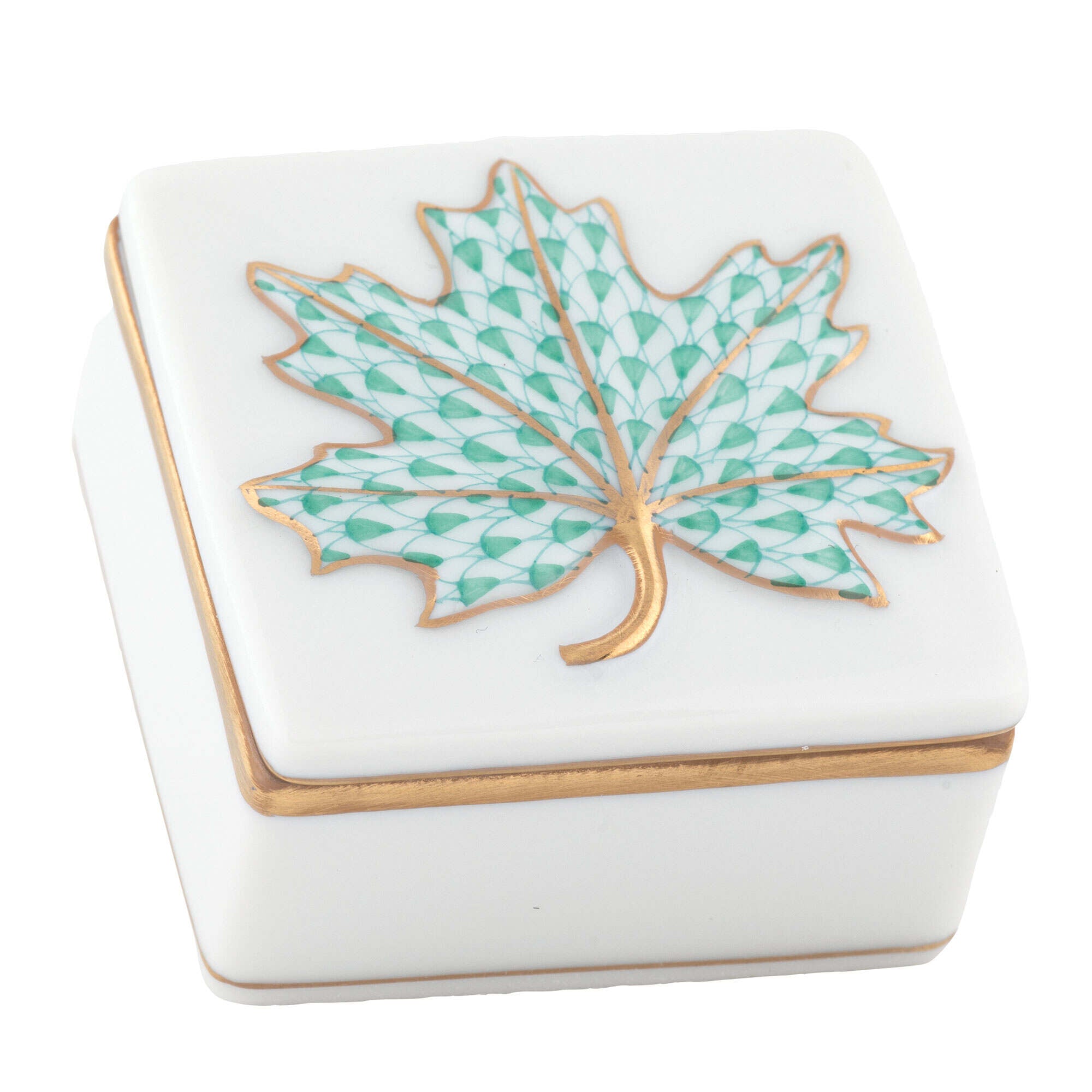 Hand-painted Herend Maple Leaf Box in Green fishnet porcelain on a white background