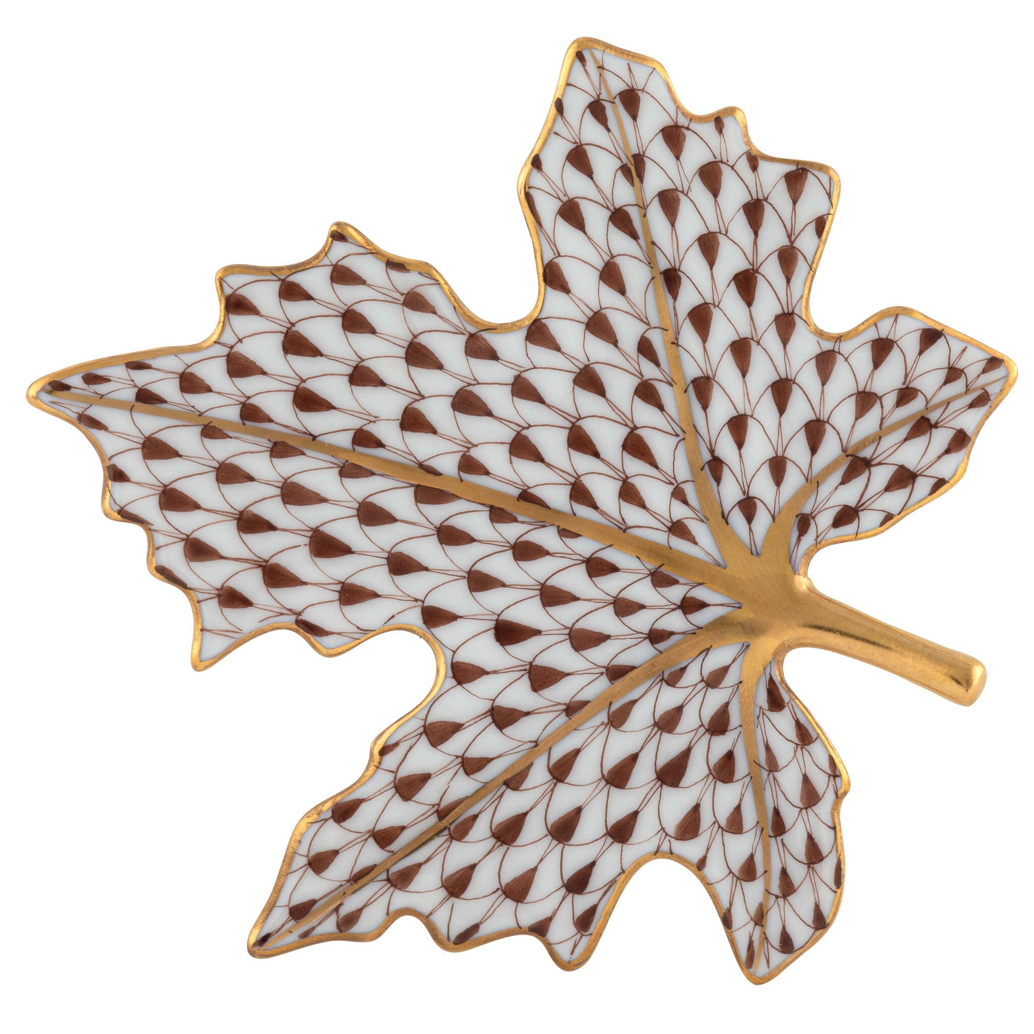Hand-painted Herend Maple Leaf Figurine in Chocolate fishnet porcelain on a white background