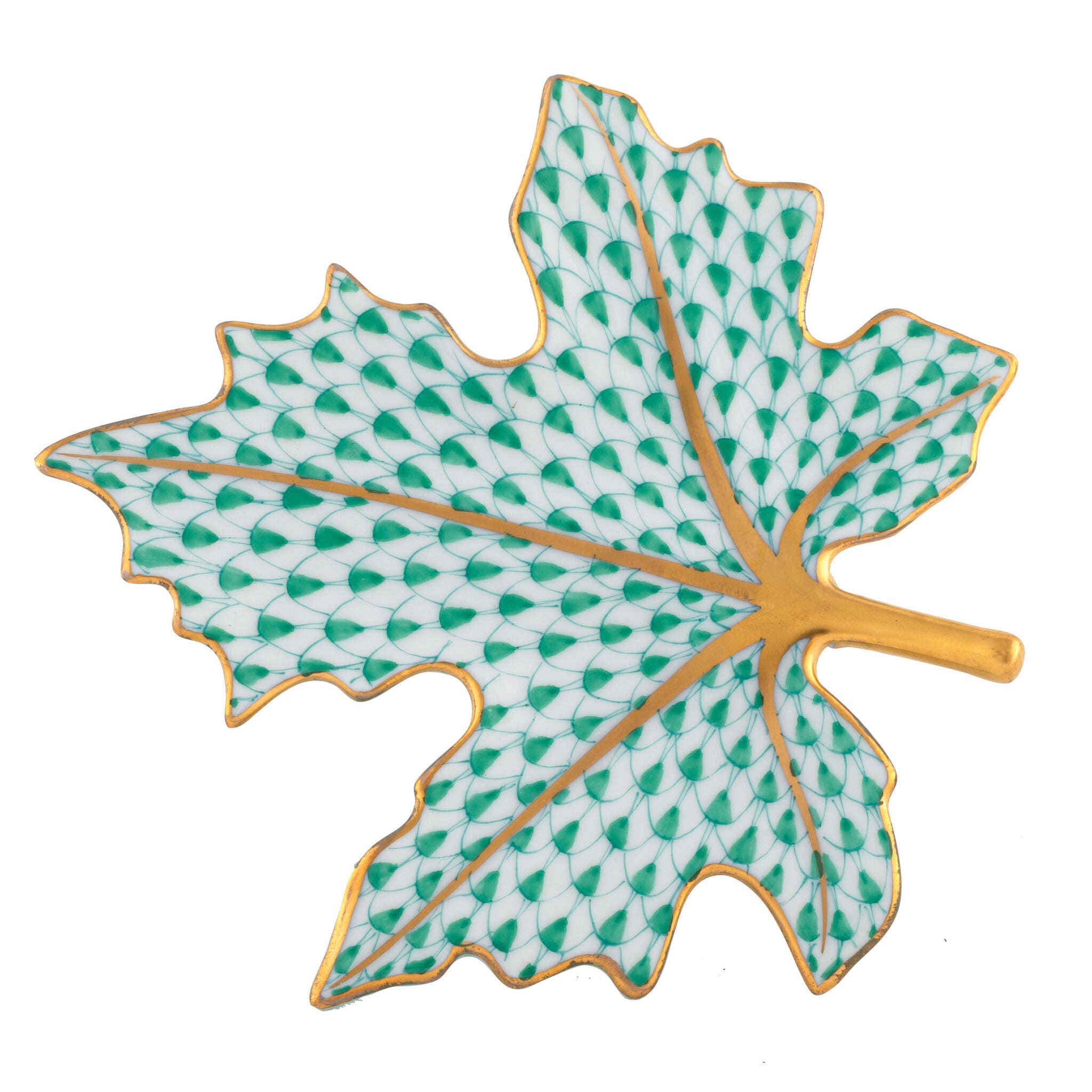 Hand-painted Herend Maple Leaf Figurine in Green fishnet porcelain on a white background