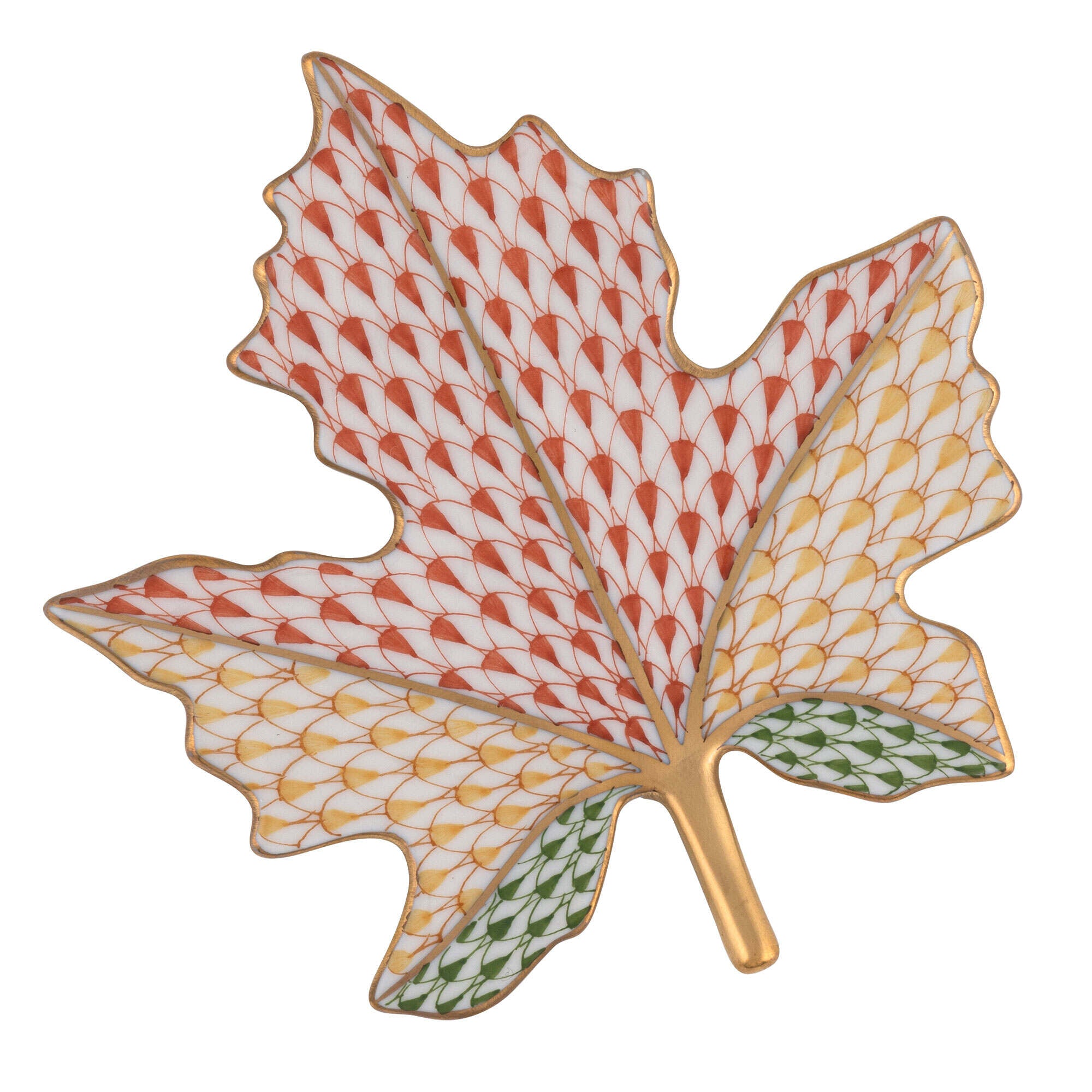 Hand-painted Herend Maple Leaf Figurine in Multicolor fishnet porcelain on a white background