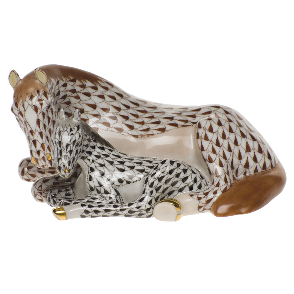 Hand-painted Herend Mare with Foal Figurine in fine porcelain, 5in L X 3in H, on a white background