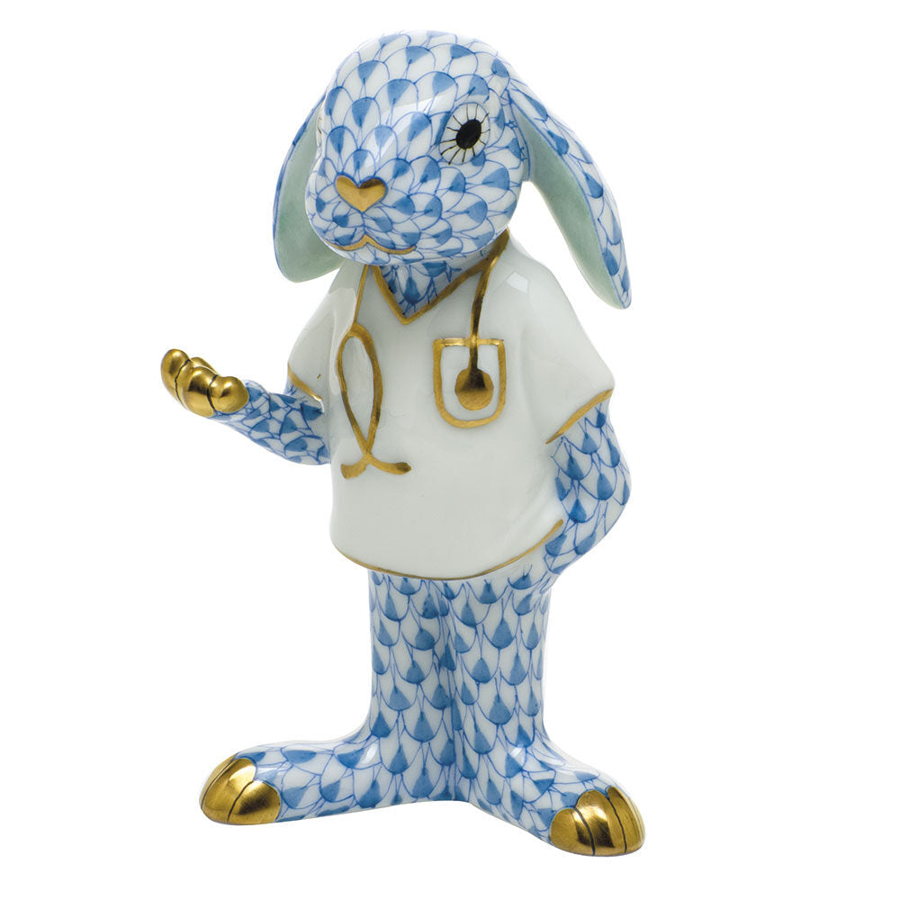 Blue fishnet Medical Bunny Figurine figurine, hand-painted Herend porcelain with 24k gold accents
