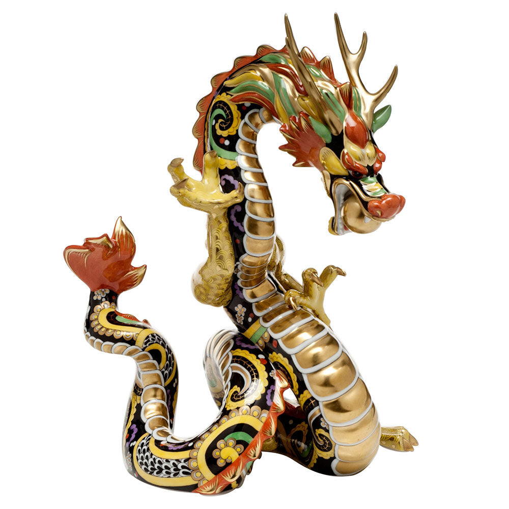 Hand-painted Herend Medieval Dragon Figurine in fine porcelain, 9.75in L X 13.25in H, on a white background