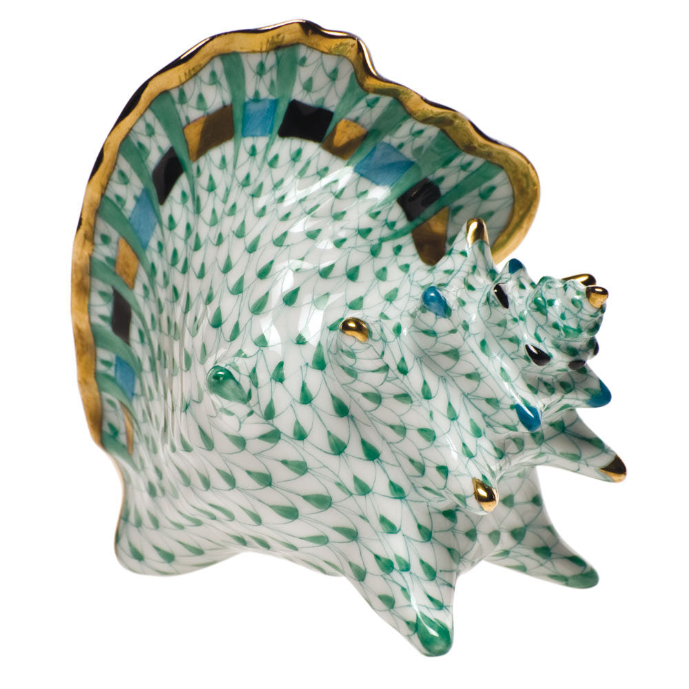 Herend Medium Conch Shell Figurine porcelain figurine painted in the Green fishnet pattern