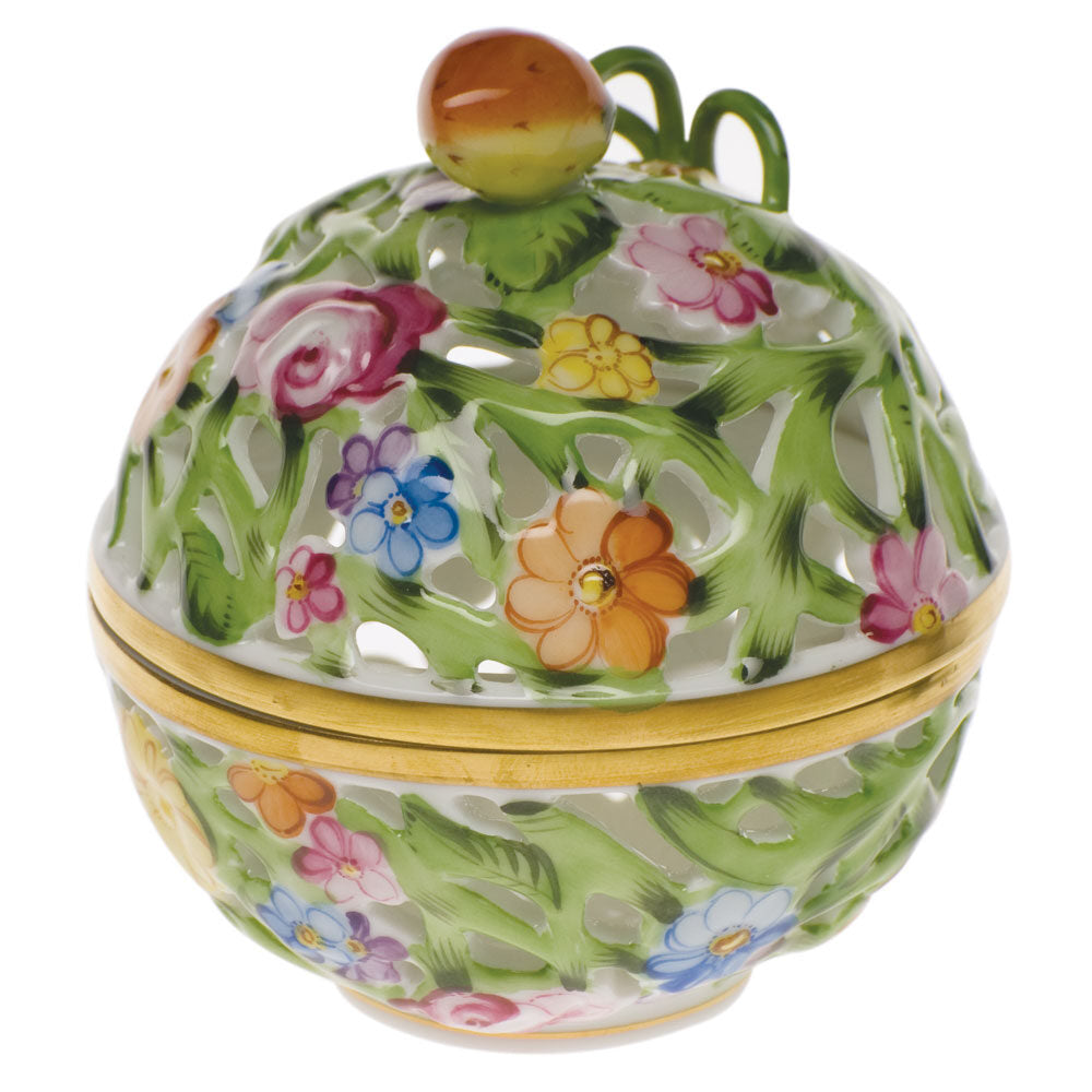 Hand-painted Herend Medium Openwork Ball Berry Candy Dish in fine porcelain, 3.75in H, on a white background