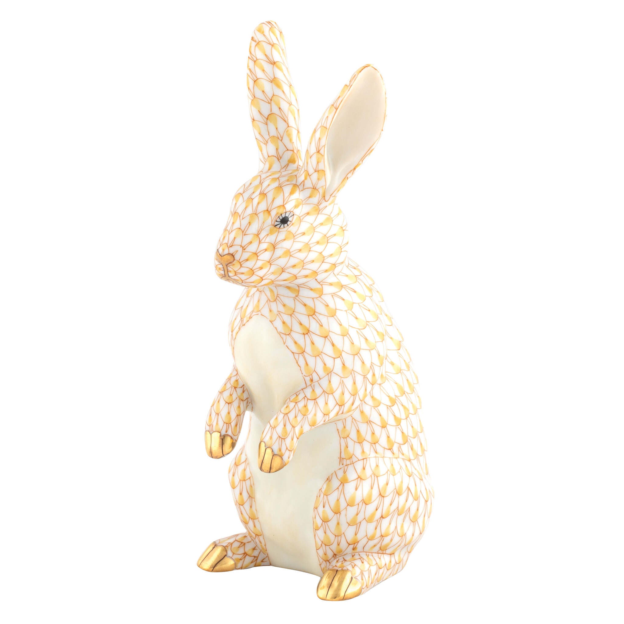 Herend Medium Standing Rabbit Figurine porcelain figurine painted in the Butterscotch fishnet pattern