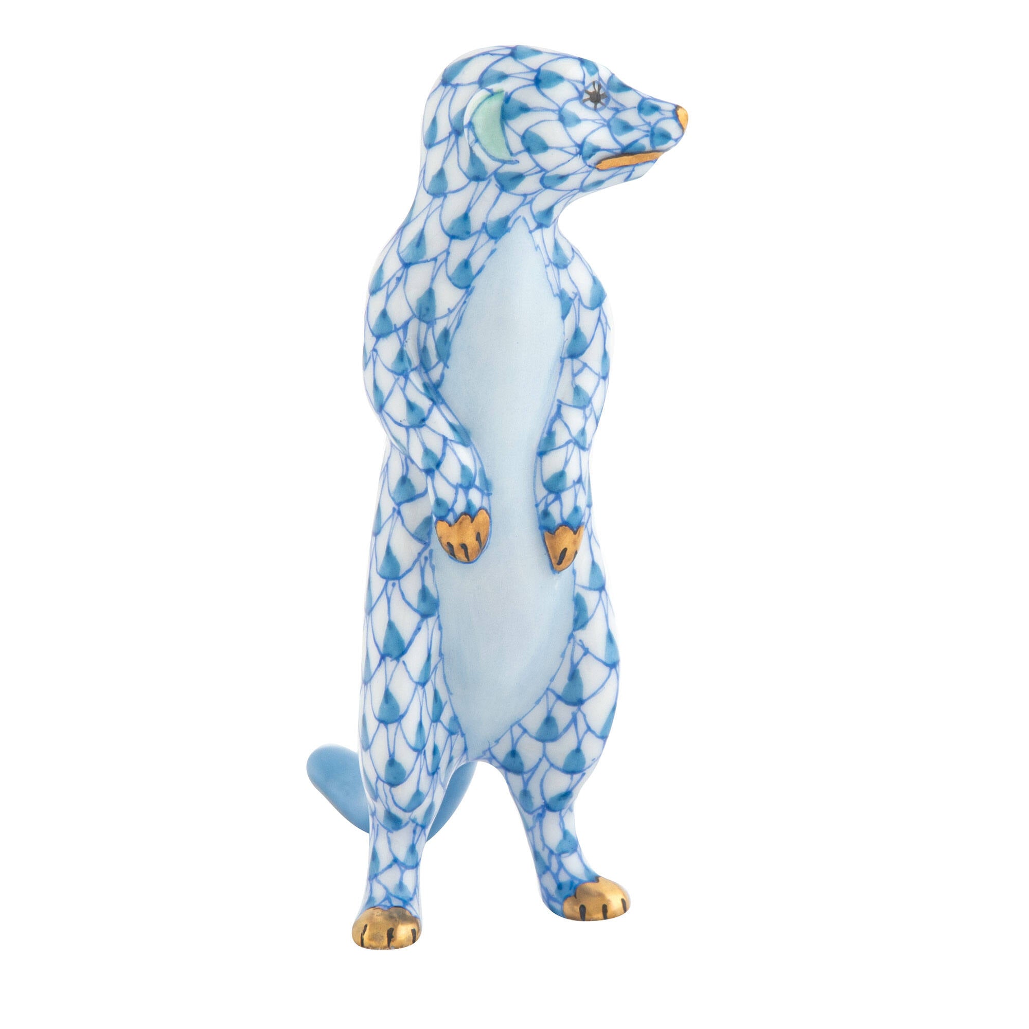 Hand-painted Herend Meerkat Figurine in Blue fishnet porcelain on a white background