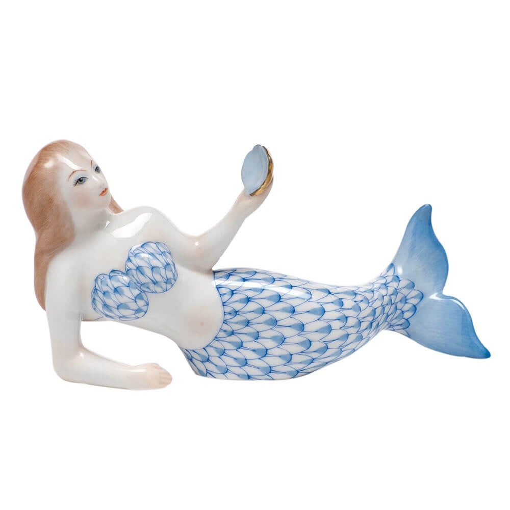 Hand-painted Herend Mermaid Figurine in Blue fishnet porcelain on a white background