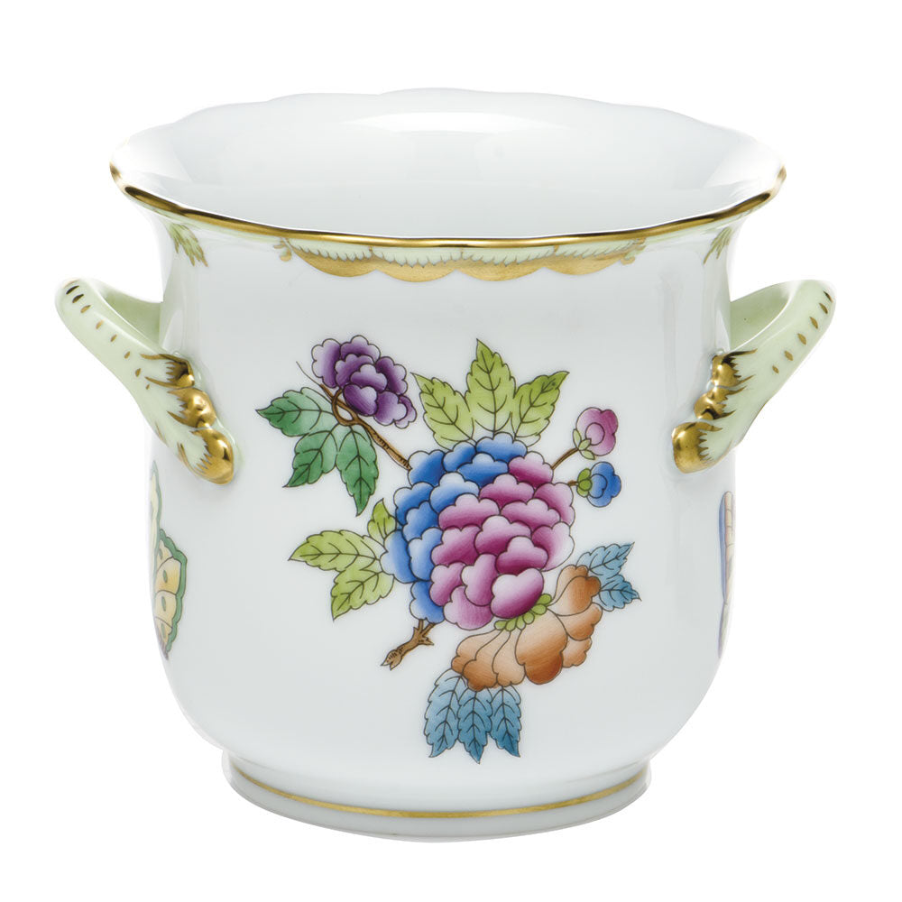 Hand-painted Herend Mini Cachepot with Handles in fine porcelain, 4.75in L X 3.75in H, on a white background
