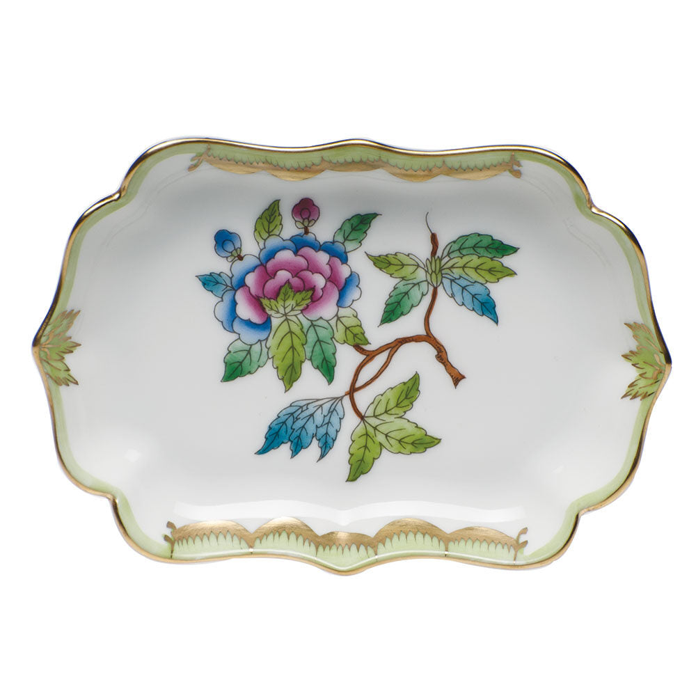 Hand-painted Herend Mini Scalloped Tray Decorative Plate in fine porcelain, 4.25in L X 3in W, on a white background