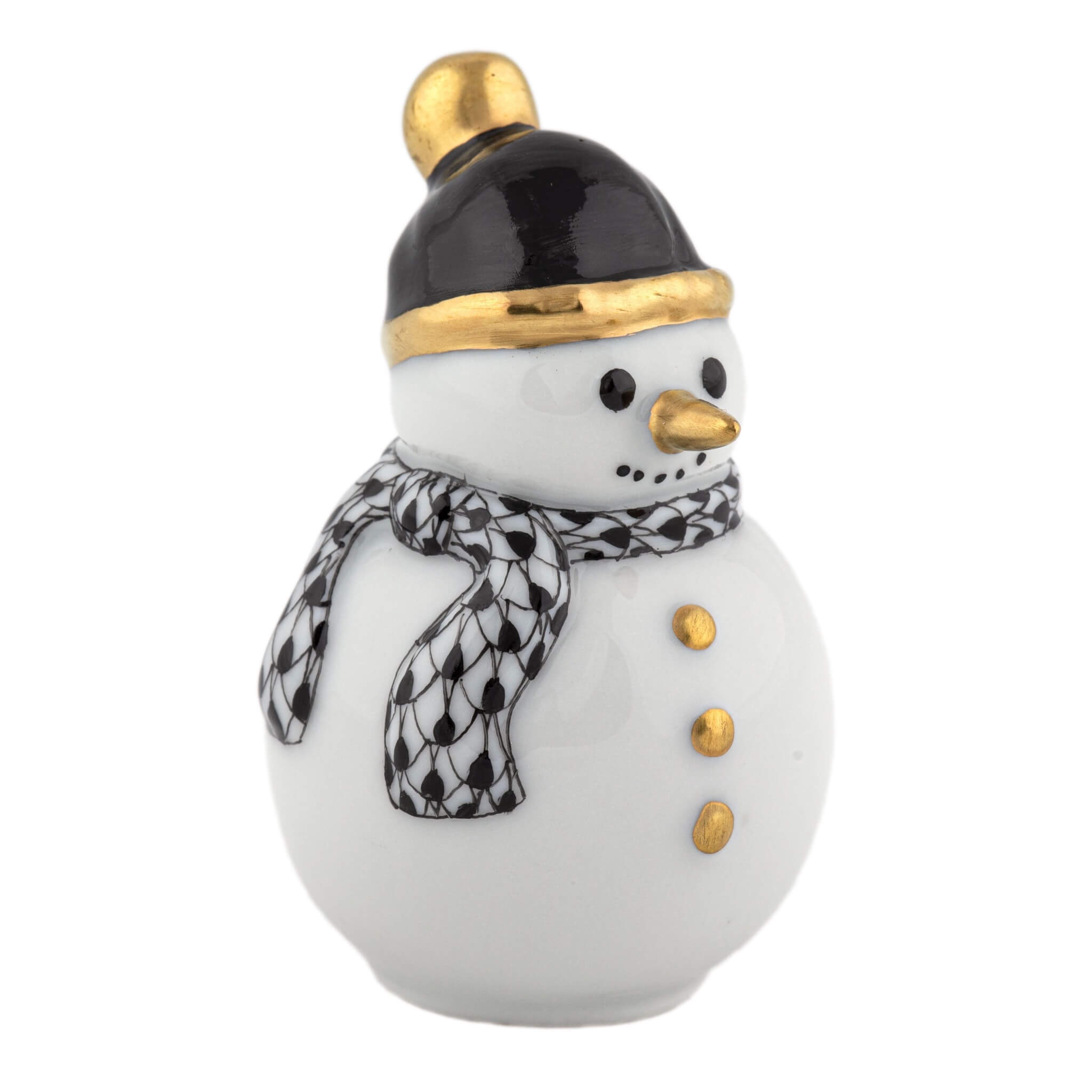 Decorative snowman figurine with a black and gold hat and a patterned scarf on a white background