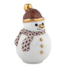 Small snowman figurine with a brown hat, scarf, and gold buttons on a white background