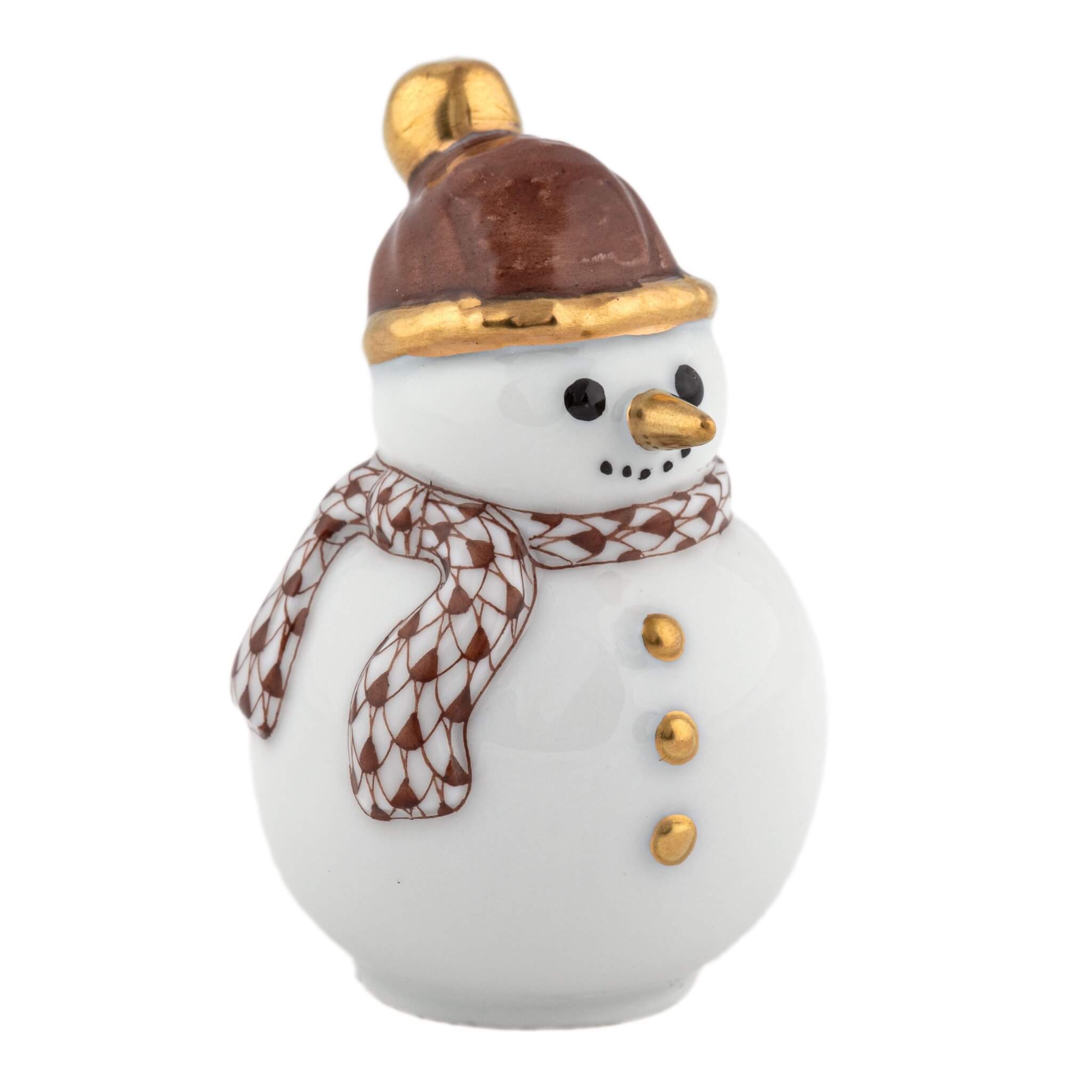 Small snowman figurine with a brown hat, scarf, and gold buttons on a white background