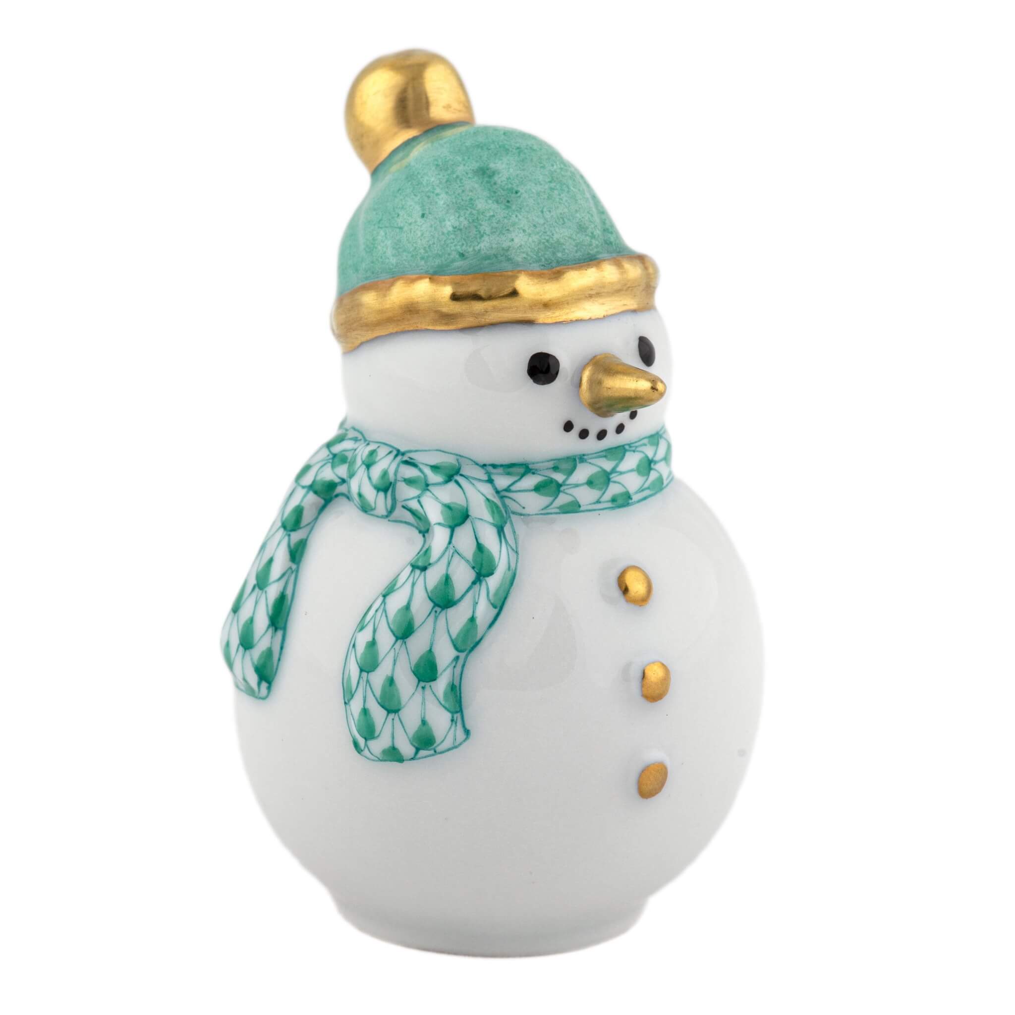 Snowman figurine with a green hat and scarf on a white background