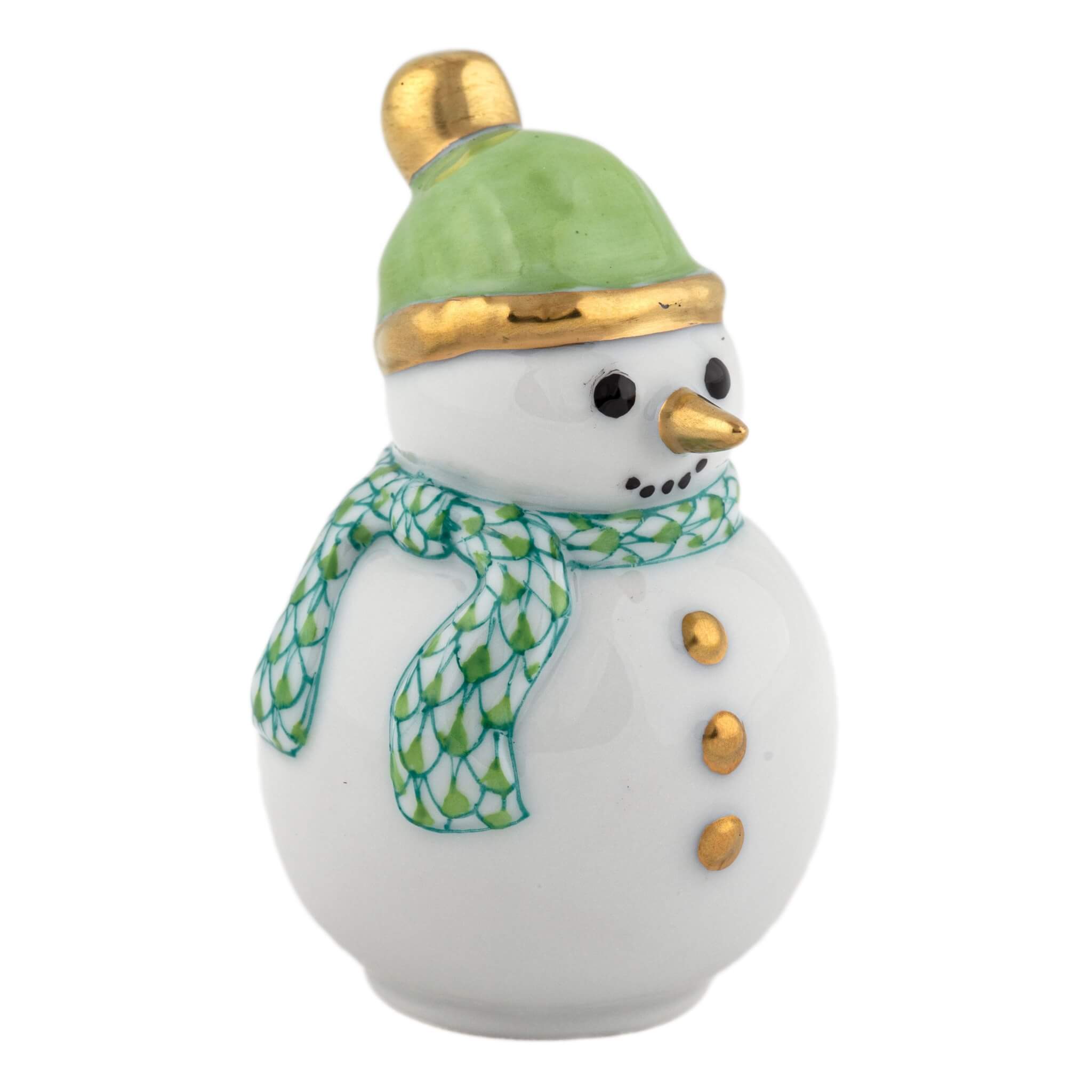 Snowman figurine with green hat and scarf on a white background