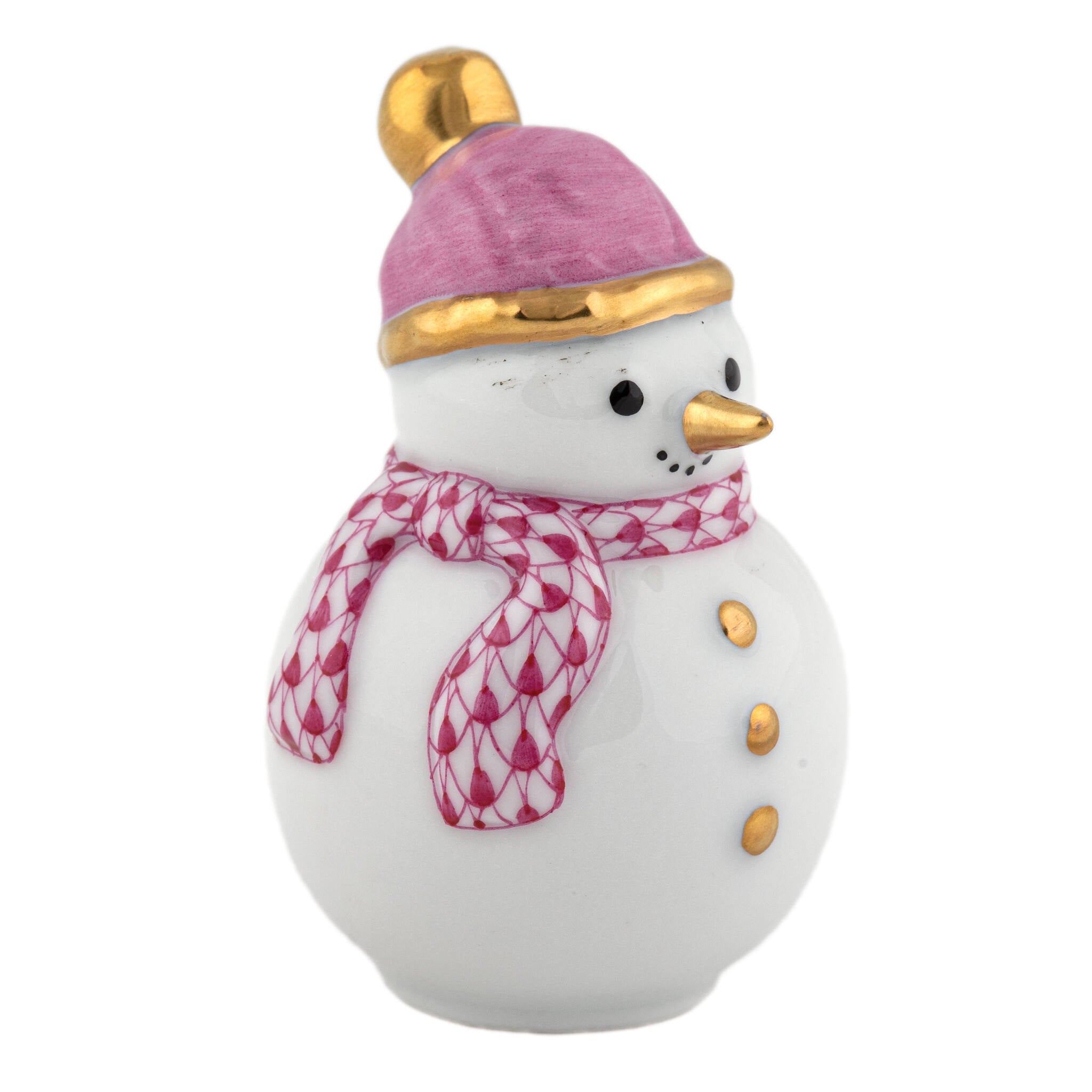 Hand-painted Herend Mini Snowman Figurine in Raspberry fishnet porcelain on a white background