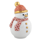 Decorative snowman figurine with a red hat, gold buttons, and a red scarf on a white background
