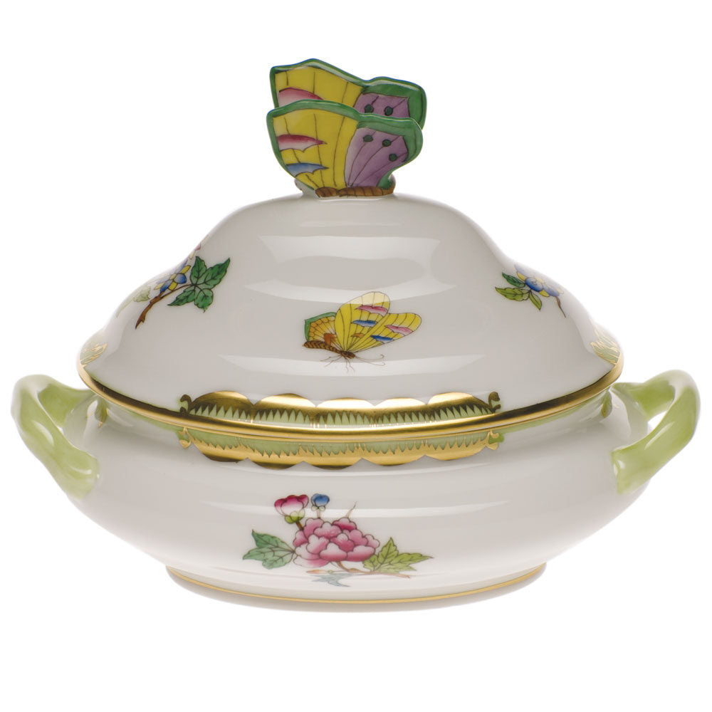 Hand-painted Herend Mini Tureen with Butterfly Candy Dish in fine porcelain, 5in L X 4in H, on a white background