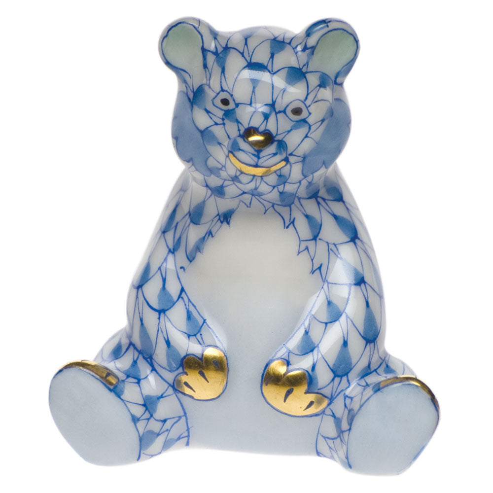 Herend Miniature Baby Bear Sitting Figurine porcelain figurine painted in the Blue fishnet pattern