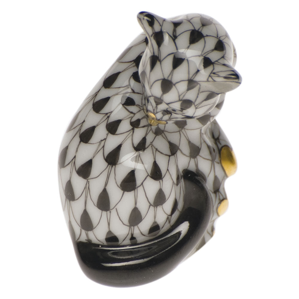 Hand-painted Herend Miniature Cat Figurine in Black fishnet porcelain on a white background