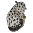 Hand-painted Herend Miniature Cat Figurine in Black fishnet porcelain on a white background