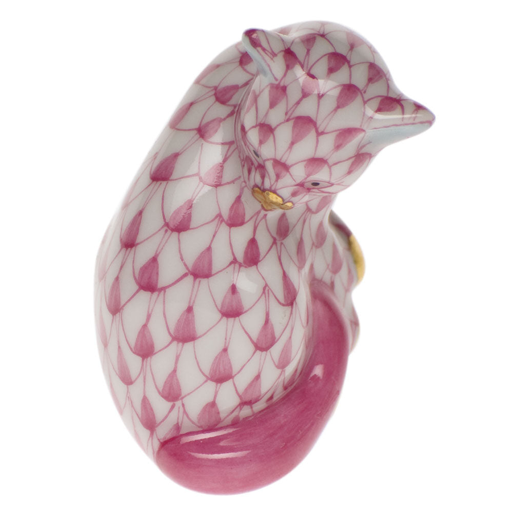Raspberry fishnet Miniature Cat Figurine figurine, hand-painted Herend porcelain with 24k gold accents