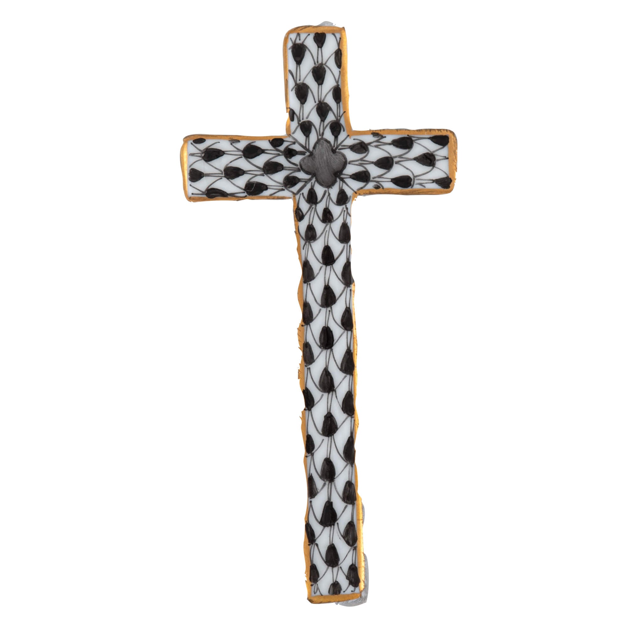 Herend Miniature Cross figurine in Black with black fishnet pattern with gold accents on a white background